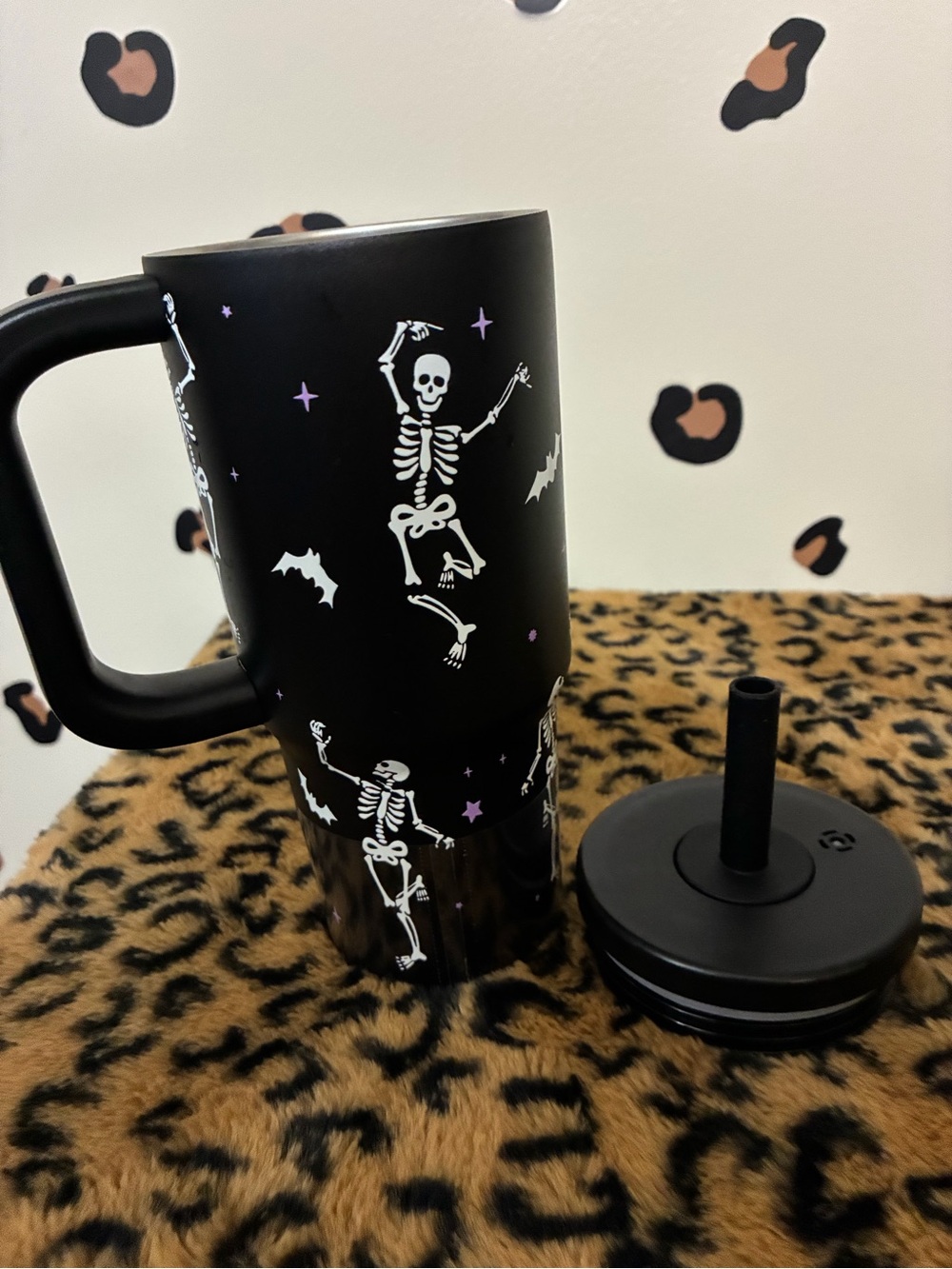 Black Skeleton Print Travel Tumbler with Lid and Straw